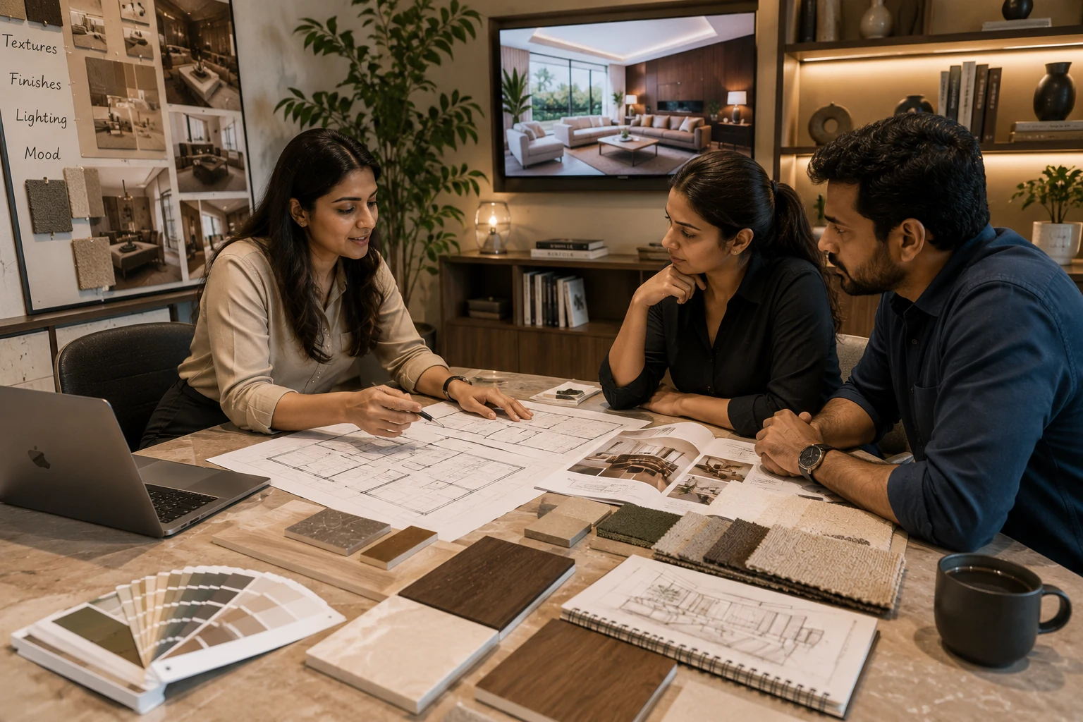 Interior designer discussing space planning and material options with clients