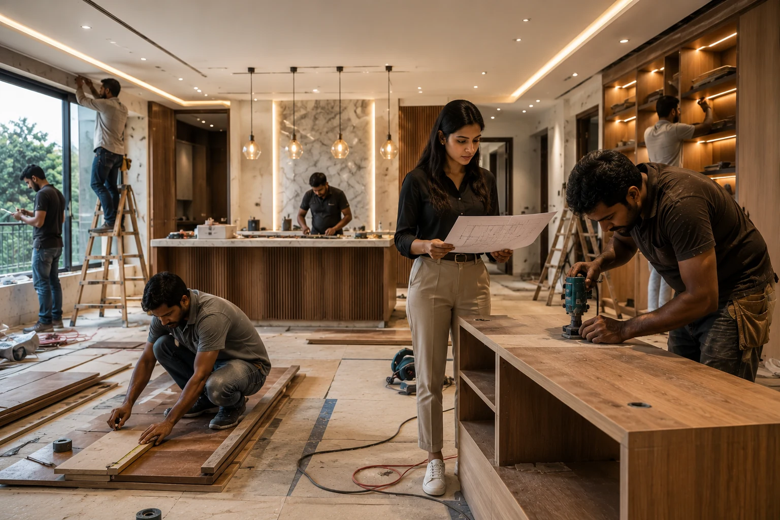 Interior architect supervising carpenters and skilled workers during site execution